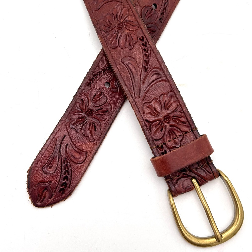 American Eagle Floral Tooled Buffalo Leather Belt Brown Western Boho XS/S